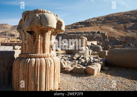 Stücke von gefallenen antiken Säulen in Persepolis, zeremonieller Hauptstadt des Achämenidenreiches (550–330 v. Chr.), Iran. Stockfoto