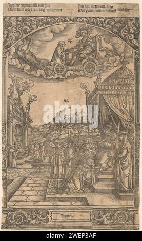 Jupiter und seine Planetenkinder, Anonym, nach Hans Sebald Beham, nach Georg Pencz, 1531 Druck Jupiter fährt seinen Triumphwagen in den Himmel, gezogen von zwei Pfauen. Auf dem Auto die Zeichen des Tierkreisfisches und Bogenschützen. Die Menschen auf Erden sind säkulare oder kirchliche Herrscher. Ein Kaiser wird vom Papst gekrönt, umgeben von Kardinälen und Bischöfen. Links ein Richter auf seinem Thron. Der Hintergrund wird gejagt. An der Spitze ein vierzeiliger Vers auf Deutsch. Papier Jupiter und seine Kinder ("Planetenkinder"). Jupiter und seine Kinder („Planetenkinder“)  Fische und Schütze. Pisces (Zodiakalzeichen o Stockfoto