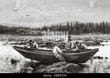 Ein Boot, das bei der Expedition in Neufundland und Labrador in Kanada eingesetzt wurde. Französische Küste der Insel Neufundland 1886 von Leutnant Louis Koenig (1847–1920) Stockfoto