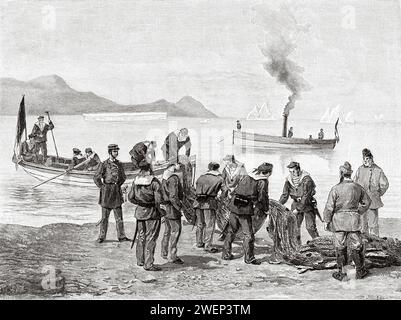 Französisches Militär beschlagnahmt Fischernetze von Fischern, Neufundland und Labrador, Kanada. Französische Küste der Insel Neufundland 1886 von Leutnant Louis Koenig (1847–1920) Stockfoto