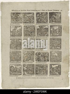 Historische und biblische Prent Imagination, from 't Oude and New Testament, 1781 - 1800 Print Blatt mit 20 Aufführungen aus dem alten und dem Neuen Testament, einschließlich Kain, der Abel tötete, Judith die Holofernes enthauptet und Christus, der Wasser in Wein verwandelt. Unter jedem Bild ein zwei-Wege-Vers. Oben rechts nummeriert: 52. Papier-Buchdruck des Alten Testaments. Neues Testament. Judith und Holofernes (Judith 8-16). Wasser wird in Wein umgewandelt, wenn St. Homobonus füllt seine Flasche nach, nachdem er sein gesamtes Essen und Trinken einem Bettler (+ Christus (nicht bärtig)) gegeben hat. Abels Tod Stockfoto