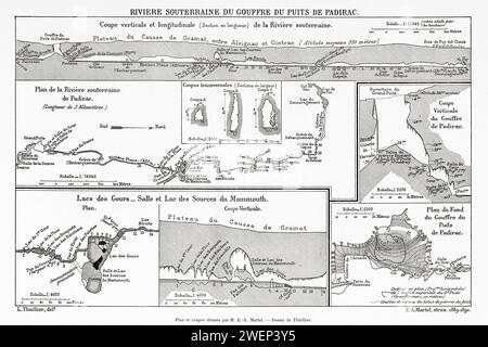 Plan der Höhle. Cave Gouffre de Padirac, Dordogne, Frankreich. Die Schlucht des Brunnens von Padirac 1889-1890 von Edouard-Alfred Martel (1859 - 1938​) Stockfoto