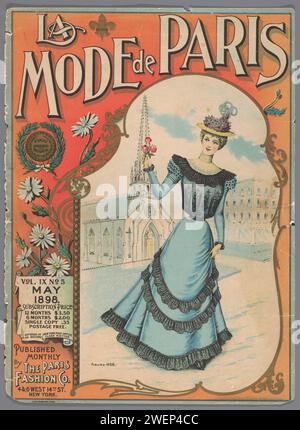 The Fashion Magazine as temptress, Cover von La Mode de Paris aus dem Jahr 1898. Voll. IX, Nr. 5: Mai 1898: Abb. 456: Junge Frau in blauem Kleid zum Schuh, mit Rouches am Kragen und am Rock. Strohhut mit Blumen auf dem Kopf, Geruch rechts. Eine Kirche im Hintergrund. Papierteller. Kleid, Kleid (+ Damenkleidung). Kopfbedeckung: Hut (+ Damenbekleidung) Stockfoto