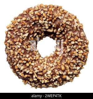 Einzelne Schokolade und zerstoßene Nüsse Donut, isoliert auf weißem Hintergrund Stockfoto