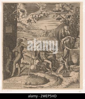 Vorbereitungen für die Hochzeit von Amor und Psyche (linker Teil), Diana Mantuana, nach Giulio Romano, 1613 Druck Apollo sitzend und umgeben von Göttinnen einschließlich Flora und Pomona. Im Hintergrund eine Landschaft mit Pyramiden, ein Amphitheater, Neptun mit seinem Dreizack und eine Gesellschaft mit exotischen Tieren. Rechts ein Elefant und ein Mann mit einer Tasche über der Schulter. Papierstich / Ätzung Hochzeit von Cupid und Psyche. Pomona. (Story of) Flora. Stammtiere: Elefant. Huftiere: Giraffe. Spezifische Aspekte, allegorische Aspekte des Neptun; Neptun als Patron Stockfoto