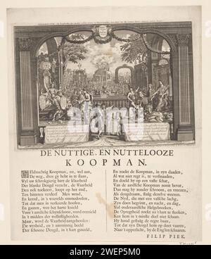 De Sincere und der Goldeny Koopman, 1720, Anonym, 1720 drucken den aufrichtigen und gierigen Kaufmann. Links der aufrichtige Kaufmann mit Quecksilber und Tugend für den Thron der Wahrheit, rechts der gierige Kaufmann (der Windhändler) mit Täuschung und Gänsehaut für den Thron des Reichtums. Auf der Balustrade zitiert die Bibel. Im Hintergrund ein Garten mit einem Labyrinth mit der schmalen und breiten Straße. In der Bildunterschrift de Legenda 1-14 auf Niederländisch. Separat auf dem Blatt unter der Platte gedruckt, der Titel und ein Vers aus 2 Spalten. Print 51 in der Serie The Great Scene of Torrishness with Cartoons on the Windh Stockfoto