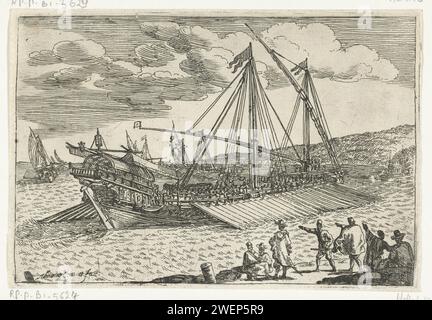 Türkische Galei auf See, Abraham Casembroot, 1603–1658 drucken Eine türkische Galei auf See. Im Vordergrund zeigen verschiedene Personen auf das Schiff. Druck aus einer Serie von 13 Drucken mit Gesichtern des Hafens von Messina. Druck aus einer Serie von 13 Drucken mit Gesichtern des Hafens von Messina, die Kriegsführung, militärische Angelegenheiten (+ Ruderschiffe, z. B.: Galeere) gravieren. Meer (Meereslandschaft). Asiatische Rassen und Völker: Türken Stockfoto