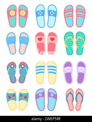 Flaches Design der Sommer-Flip-Flops. Ein Set Sommer-Hausschuhe. Vektorabbildung offener Schuhe. Stock Vektor