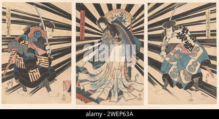 De Acteurs Nakamura Utaemon IV, Onoe Kikugoro III EN Ichikawa Ebizo V., 1835 -C. 1839 Print die Schauspieler Nakamura Utaemon IV. In der Rolle der Miura Arajiro (links) und Ichikawa Ebizo V als Kazusa Shichibei Kagekiyo (rechts), mit gezeichneten Schwertern, die Prinzessin Tamamushi, auf der Rückseite mit einem Fan gesehen, gespielt von Onoe Kikuuro; vor einem Hintergrund von schwarzen und gelben Strahlen. Triptychon. Papierfarbe Holzschnitt Porträt von Schauspieler, Schauspielerin. Hacker- und Schubwaffen: Schwert. Fan Japan Stockfoto