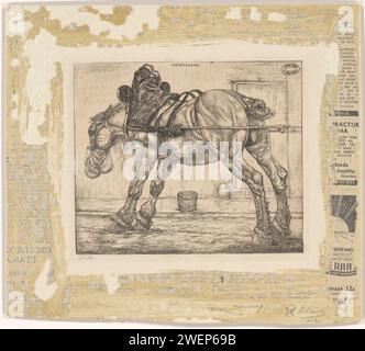 Zugpferd mit Haferbeutel, Pieter Dupont, 1900 Druck das Pferd befindet sich neben einem Bürgersteig. Eine Futterschaufel auf dem Gehweg. Papierätzpferd Paris Stockfoto