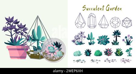 Set mit wunderschönen Sukkulenten im Cartoon-Stil. Vektor-Illustration von Töpfen mit Sukkulenten und Kakteen, Aloe Vera, Steine isoliert auf einem weißen Hintergrund. Stock Vektor