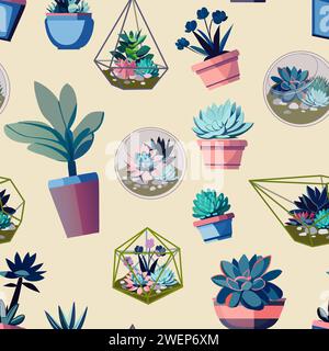Vektorsatz von Illustrationen von Glasflorarien und Töpfen mit Pflanzen. Verschiedene Sukkulenten, Kakteen und tropische Blätter. Nahtloses Muster. Stock Vektor