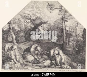 Christus im Hof van Getsemane, Jacob Matham, nach Taddeo Zuccaro, 1615 Druck Christus im Hof von Getsemane, mit einem Engel, der ihm mit einer Fehlgeburt erscheint. Im Vordergrund die schlafenden Apostel. Papier, das Christi Gebet im Garten Getsemani während der Nacht graviert. Qual Christi: Um ihn zu trösten, erscheinen Christus ein oder mehrere Engel mit Kelch und/oder Kreuz. engel mit Kelch Stockfoto