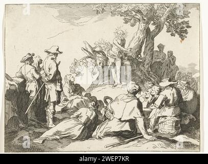 Predigt von Johannes de Boper, Anonym, nach Frederick Bloemaert, nach Abraham Bloemaert, 1650–1750 Druck Johannes der Täufer spricht die Menge an. Er steht neben einem Baum auf einer Höhe. Die Leute sitzen, lügen oder stehen in einem Kreis um ihn. Kopie zu einer Performance aus dem Zeichenbuch von Abraham Bloemaert. Papiergravur / Ätzung Johannes der Täufer Predigt (vielleicht Christus unter den Umstehenden) Stockfoto