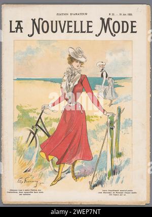 The Fashion Magazine as temptress, 1900 La Nouvelle Mode, No. 23, 10. Juni 1900: Cover: Zwei junge Frauen in den Dünen. Die Vorderseite mit einem Fahrrad von Hand. Papierteller Stockfoto