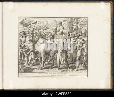 David kehrt nach Jerusalem zurück, Pietro Aquila, nach dem Druck von Rafaël 1675 kehren König David und seine Soldaten im Triumph nach Jerusalem zurück. David steht auf einem Triumphwagen, der von zwei Pferden gezogen wird. Bibelvers unter der Show. Drucken ist Teil eines Albums. Die Frauen Israels kommen heraus, um David zu empfangen, singen, tanzen und Tamburine und Lauren spielen; David hält den Kopf Goliath Stockfoto