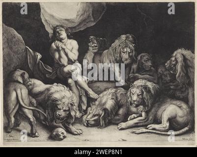 Daniël in der Leeuwenkuil, Willem van der Leeuw, nach Peter Paul Rubens, 1613 - ca. 1665, umgeben von Leeuwen, sitzt Daniël mit gefalteten Händen und hält hohen Kopf in der Leeuwenkuil. Links im Vordergrund ist ein Schädel. Papiergravur Daniel sitzt unverletzt in der Löwenhöhle, umgeben von Löwen Stockfoto