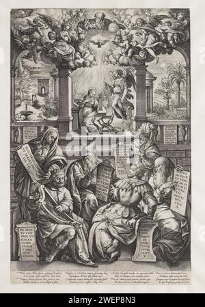 Sechs Propheten und die Verkündigung an Maria, 1575–1585 drucken die sechs Propheten, die die Ankunft Christi ankündigten, saßen in einer Treppe zu einem Abgang, in dem der Engel Gabriel Maria die Geburt Christi ankündigt. Über dieser Szene der Heilige Geist in Form einer Taube und Gott, umgeben von Engeln. Unter der Aufführung vier mal vier lateinische Textzeilen. Papiergravur die Verkündigung: Maria kniend. Gruppen von Propheten, die normalerweise Bücher oder Schriftrollen halten (Jesaja, Jeremia, Hesekiel, Daniel, Hosea, Joel, Amos, Obadiah, Jonah, Micah, Nahum, Habakkuk, Zephanah, Haggai, Sacharja, Maleachi). Stockfoto