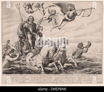 Siegeswagen zu Ehren von Maarten Tromp, getötet in der Seeschlacht bei Terheide, 1653, 1653 Druck Admiraal Maarten Tromp, getötet in der Seeschlacht bei Terheide am 10. August 1653, in einem Siegeswagen von Pferden gezogen und von Tritonen begleitet. In seinen Händen ein Dreizack und ein Schiffsruder. In der Luft der Ruhm mit zwei Trompeten und drei Engeln. Ein Engel krönt Trompe mit einer Schiffskrone. In der Unterschrift vier vierzeilige Verse. Papierstich symbolische Triumphe einzelner Personen. Wagen, Triumphwagen. Die Schlacht von Scheveningen Stockfoto