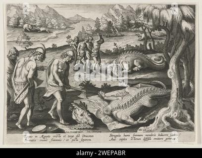 Draken Killing in Egypt, Jan Collaert (II), nach Jan van der Straet, 1594–1598 Print Ägypter töten Drachen, indem sie die Tiere auf ein Blatt locken, auf dem ein Zauberspruch geschrieben ist. Die Tiere schlafen sofort ein und die Jäger schmückten sie. Im Hintergrund links greift einer der Drachen einen Elefanten an. Der Druck hat eine lateinische Unterschrift und ist Teil einer Serie über Jagdszenen. Drache aus Papier gravieren. Beschwörung, magischer Satz. Jagen  andere Tiere Ägypten Stockfoto