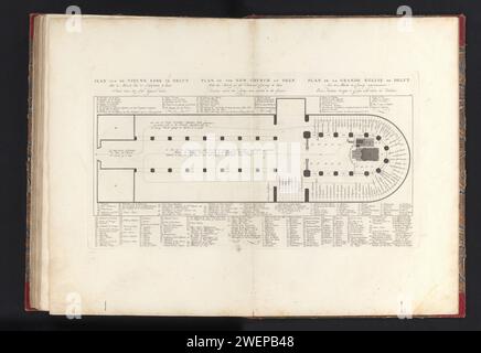 WILLEM IV., 1752, Platte 40, Jan Punt (zugeschrieben), nach Pieter Jan van Cuyck, 1755 Print Map of the Nieuwe Kerk in Delft. Am Rand eine Beschriftung in Niederländisch, Französisch und Englisch mit einer Übersicht über die Plätze, an denen alle Gäste Platz nahmen. Der Ausdruck ist Teil eines Albums. Papierätzung / Gravurcortege, Trauerprozession. Plan  Architektur Delft. Neue Kirche Stockfoto