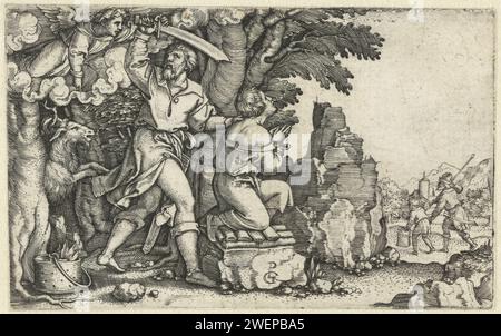 Angebot von Abraham van Isaak, Georg Pencz, 1541–1545 Druck Abraham hebt sein Messer, um seinen Sohn Isaac zu töten, der auf dem Altar gefesselt kniet. Ein Engel hält ihn jedoch auf und zeigt auf einen Widder, der geopfert werden kann. Papiergravur des Opfers von Isaak (Genesis 22) Stockfoto