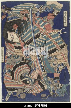 VECHTENDE HELDEN, KATSUSHIKA HOKUSAI, 1827-1832 Druck Kamakura No Gongoro Kagemasa, ein heroischer Minamoto Krijger, sein Gegner Tori No Umi Yasaburo Yasunori, mit Helm, wirft ihn auf den Boden; vor dunkelblauem Hintergrund. Papierfarbe Holzschnitt Erwachsener (+ zwei Personen). Kämpfen Stockfoto