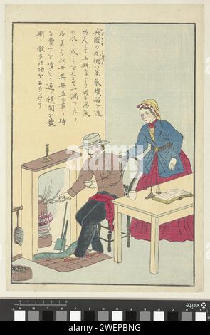 James Watt, Erfinder der Dampfmaschine, Anonym, 1886 - 1912 Druck Ein Mann hält einen Löffel im Kamin an einem Dampfkessel. Eine Frau beobachtet hinter ihm. Der japanische Text erzählt, wie der schottische James Watt (1736–1819) die Dampfmaschine erfand. (Yokohama-e). Papiererfindung, Entdeckung  Wissenschaft und Technologie. Maschine wird von Dampf angetrieben. Küchenutensilien (mit NAMEN) Stockfoto