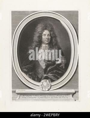 Portret van Charles Colbert, Gerard Edelinck, nach Hyacinthe Rigaud, 1691 Druck Portrait of Charles Colbert (1625–1696), Marquis of Croissy, dargestellt im ovalen Rahmen mit Waffe. Papiergravur Stockfoto