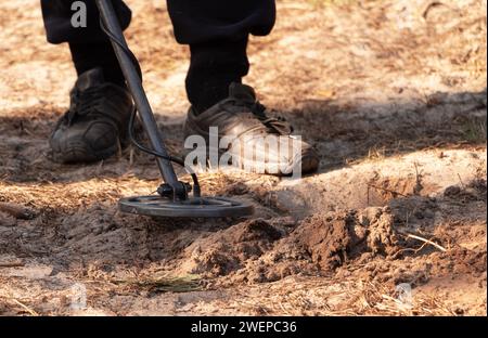 Ein Mann sucht einen Schatz mit einem Metalldetektor im Wald. Stockfoto