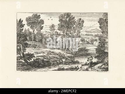 Landschaft mit Frau, die entlang des Flusses läuft, Adriaen van der Kabel, 1648 - 1705 Printfrau mit ausladendem Schal über dem linken Arm, Spaziergang entlang des Flusses, in dem Bäume gefallen sind. Auf der anderen Seite des Flusses zwei Menschen mit einer Schafherde. Papierätzlandschaften Stockfoto