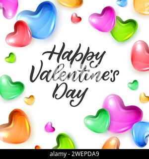 Quadratisches Happy Valentines Day-Poster, Banner mit farbenfrohen Glasherzen. Vektor realistische 3D Hochglanzplastik Herzform Illustration. Romantischer Urlaub Stock Vektor