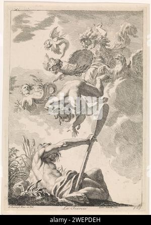 Minerva verschiebt Neid: Eine Allegorie mit Sicherheit, Johannes Glaber, nach Gerard de Lairesse, 1672–1726 Druck die Göttin Minerva verschiebt drei Harfen und die Personifizierung des Neides vom Himmel. Im Vordergrund die Personifikation des Flusses Amstel. Der Druck ist auf ein Deckengemälde von Gerard de Lairesse abgebildet und ist Teil einer Serie mit biblischen, mythologischen und allegorischen Darstellungen. Papierätzung (Geschichte von) Minerva (Pallas, Athena). Neid; 'Invidia' (Ripa)  Personifizierung einer der sieben tödlichen Sünden. fluss personifiziert, 'Fiumi' (Ripa). Harpyien (klassische Mythologie) Amstel (Fluss) Stockfoto