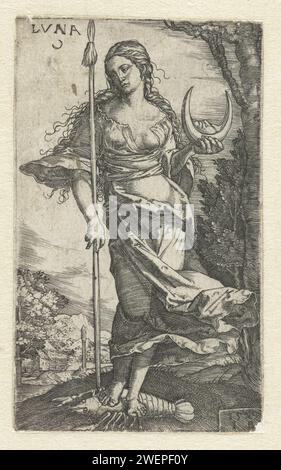 Diana, Monogrammistin IB (16. Jahrhundert), 1529 Druck Diana als Mondgöttin Luna, stehend auf der Steeren-Statue, ein Stab in ihrer rechten Hand und eine Halbmond in der heißen linken. Papiergravur Diana als Mondgöttin, d.h. Luna (Selene) Stockfoto