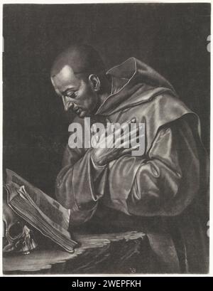 H. Bruno, Jan van der Bruggen, 1659 - 1740 drucken die H. Bruno Pridt. Vor ihm stehen eine Bibel und ein menschlicher Schädel. Der Gründer des Kartäuserordens Bruno; mögliche Attribute: Kreuz, Finger an den Lippen, Lilie, Gehrung zu seinen Füßen, Olivenzweig, Lichtstrahl, Schädel, (sieben) Sterne. Bibel. (Menschlicher) Schädel Stockfoto