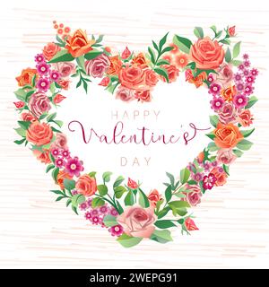 Happy Valentine's Day Poster in den sozialen Medien. Vektorabbildung. Blumenherz mit Vintage-Rosen und kreativem, handgezeichnetem Hintergrund. Dekorativer Conce Stock Vektor