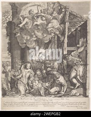 Anbetung durch die Hirten, Giacomo Barri, nach Paolo Veronese, 1667 Druck unter dem Dach eines alten Holzstalls, Maria kniet und das Christkind in der Krippe zeigt eine Gruppe von Hirten. Mit dem Ochsen und dem Esel. In der Luft Engel, von denen eine Banderole mit dem Text: Gloria in Excelsis d [eo] in den Händen hält. Papierätzung der Anbetung des Christuskindes durch die Hirten; Maria und Josef anwesend Stockfoto