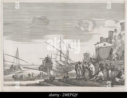 Zwei Galechepen im Hafen von Livorno, Anonym, nach Stefano della Bella, 1655 Print Ansicht des Hafens von Livorno mit zwei Galechepen. Auf der Kade auf der rechten Seite sind Hafenarbeiter und Händler. Im Hintergrund rechts Gebäude und ein Turm an der Küste. Papierhafen. Dock-Arbeiter. Skulptur, Reproduktion einer Skulptur. Schiffe (im Allgemeinen) Livorno Stockfoto