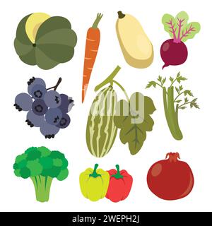 Gemüse- und Obstset. Vektorabbildung in abgewickelter Form. Stock Vektor
