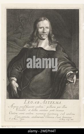 Porträt von Lieuwe van Aitzema, Hendrik Bary, nach Jan de Baen, 1666 Druck Porträt von Lieuwe van Aitzema. Unter dem Porträt ein lateinischer Vers aus vier Zeilen. Papiergravur Stockfoto