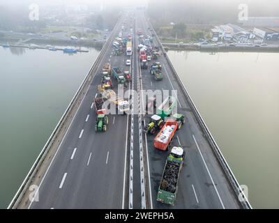 Bauernproteste blockieren die Autobahn A63 (Hubert Touya Viaduct, Bayonne (64100), Pyrénées-Atlantiques (64), Nouvelle Aquitaine, Frankreich, Europa, 26.01.2024). Am vierten Tag der Blockade, am Freitag, 26. Januar 2024, haben die Bauern aus Pyrénées-Atlantiques, als Reaktion auf den Aufruf der FDSEA 64 und Young Farmers haben Blockaden an den Autobahnkreuzen Bayonne organisiert. Auf diesem Abschnitt der Autobahn ist der Verkehr seit vier Tagen unterbrochen. Die Proteste in der Landwirtschaft sind ein Zeichen für die Krise, vor der der Agrarsektor in Frankreich und Europa steht. Stockfoto