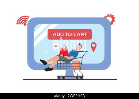 Online-Shopping-Konzept. Mann, der im Warenkorb sitzt und Waren über Smartphone kauft. Vektorabbildung Stock Vektor