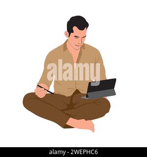 Mann sitzt auf dem Boden und arbeitet mit Laptop. Vektorabbildung. Stock Vektor