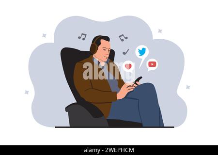 Vektorillustration eines Mannes, der Musik mit Kopfhörern hört Stock Vektor