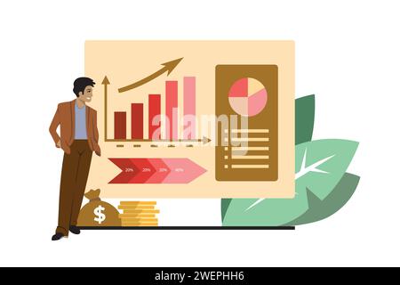 Vektorillustration eines Geschäftsmannes, der Diagramme und Diagramme analysiert. Geschäftskonzept. Stock Vektor