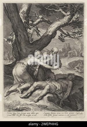 Adam und Eva trauern um den Tod von Abel, Jan Saenredam, nach Abraham Bloemaert, 1604 drucken Adam und Eva finden den toten Abel am Opferort. Beide sind auf den Knien vor der Leiche ihres Sohnes und Trauer. Im Hintergrund das Opfer von Abel und Kain und der Mord an Abel. Adam und Eva entdecken die Leiche von Abel und trauern darüber. Die Tötung von Abel: Kain tötet ihn mit einem Stein, einem Schläger oder einem Kieferknochen, alternativ mit einem Spaten oder einem anderen Werkzeug als Waffe Stockfoto