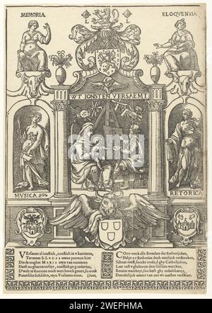 Blazoen der Antwerpener St. Lukas-Gilde, Anonym, 1500 - 1549 gedruckte symbolische Darstellung der Antwerpener St. Lukas-Guilde und der Rederijkerskamer de Violieren. In der architektonischen begleitenden Darstellung des Heiligen Lucas, der Jungfrau mit dem Chrsitus-Kind malt. Oben auf dem Rahmen zwei sitzende Frauen, Personifizierungen von Memoria und Eloquentia, zusätzlich zur Aufführung in Nissen Musica und Retoric. Unter ihnen das Wappen von Antwerpen. Ein Schild, das von geflügeltem Ochsen gehalten wird. Vollständig unter Text in zwei Spalten. Papierwappen der Gilde St. Lukas. St. Lukas malte oder zeichnete die Madonna (d. h. Maria und t Stockfoto