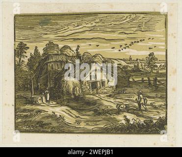 Landschaft mit Bauernhof, Hendrick Goltzius, 1597 - 1600 Print Landschaft mit Bauernhof. Neben dem Haus eine Frau in einem Brunnen. Im Vordergrund rechts ein Mann und ein kackender Hund. Dieser Druck ist Teil einer Serie von vier kleinen Holzschnitten mit Landschaften. Papierfarm oder einsames Haus in der Landschaft Stockfoto