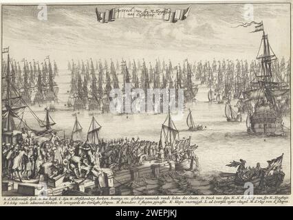 Abreise von Willem III. Nach England, 1688, Bastiaen Stopendael, 1689 Drucken die Abreise von Prinz Wilhelm III. Von Hellevoetsluis nach England, 11. November 1688. Der Prinz verabschiedet sich vom Pier, ein großes Flottenschiff ist vor der Küste vor Anker. In der Bildunterschrift de Legenda A-M. Papierätzung / Gravur Abfahrt  Reise Hellevoetsluis Stockfoto