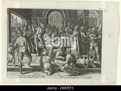 Christus wird gekrönt die Dornenkrone Adriaen Collaert, nach Jan van der Straet, 1585–1586 Druck Christus wird von den Soldaten verspottet. Er bekommt eine Krone auf dem Kopf und einen Grashalm wie ein Zepter (Matt 27:27-29). Der Druck hat eine lateinische Unterschrift und ist Teil einer Serie über die Leidenschaft, den Tod und die Auferstehung Christi. Papier, das die Dornenkrone graviert: Soldaten mit Stöcken legen eine Dornenkrone auf den Kopf Christi und geben ihm ein Rohr (Matthäus 27:27-31; Markus 15:16-20; Johannes 19:2-3) Stockfoto